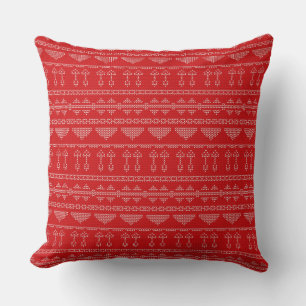 Boho Mudcloth Knit Sweater Red Throw Pillow