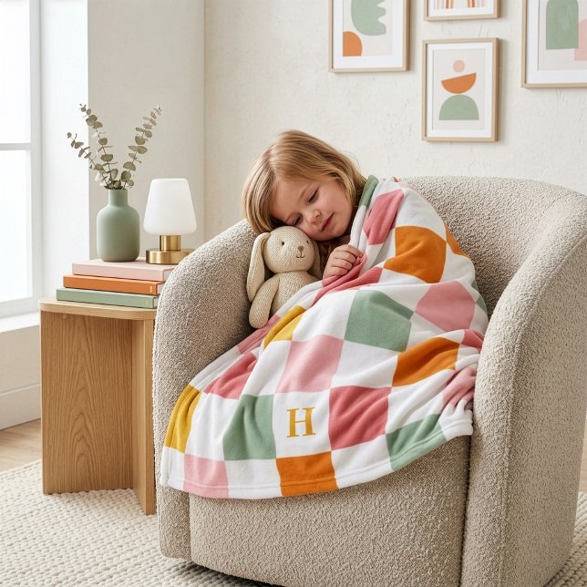 Boho Multicolor Chequerboard Monogram Fleece Blanket (Creator Uploaded)