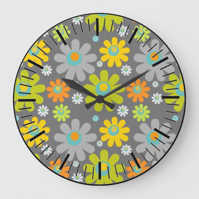 Boho Multicolor Daisies On Gray Large Clock (Front)