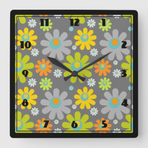 Boho Multicolor Daisies On Grey Square Wall Clock