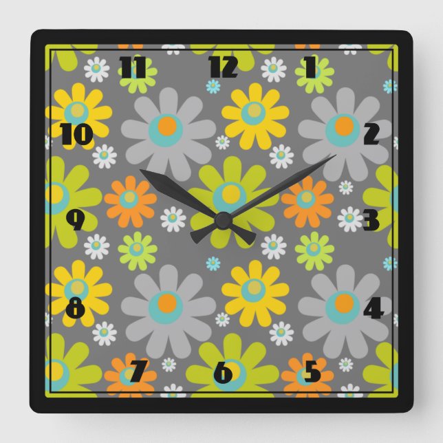 Boho Multicolor Daisies On Grey Square Wall Clock (Front)