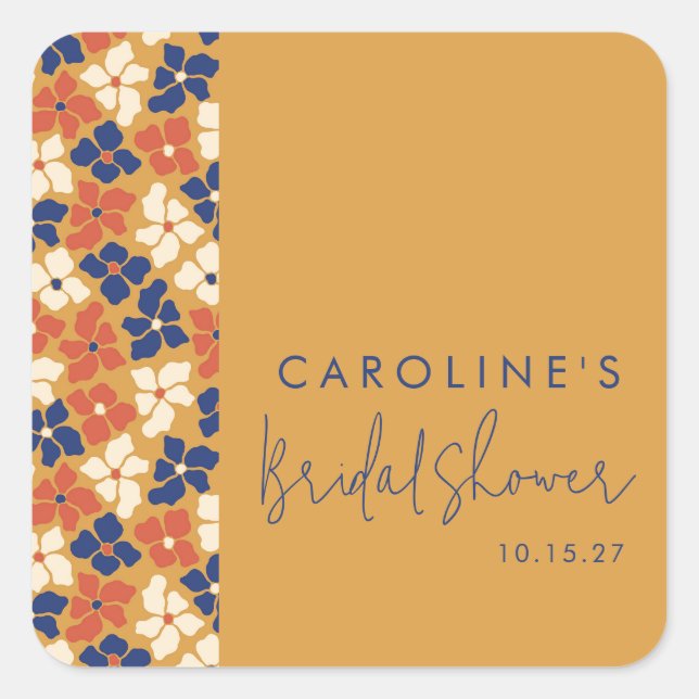 Boho Mustard Blue Botanical Bridal Shower Custom Square Sticker (Front)