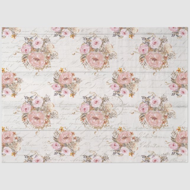 BOHO Muted Floral Script Ephemera Wood Decoupage T Tissue Paper (Front)