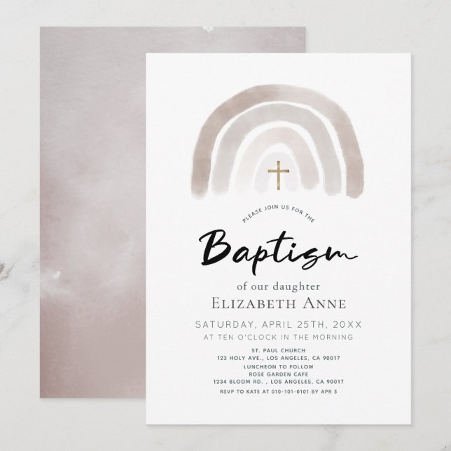 Boho Muted Rainbow Watercolor Baptism Invitation (Front/Back)