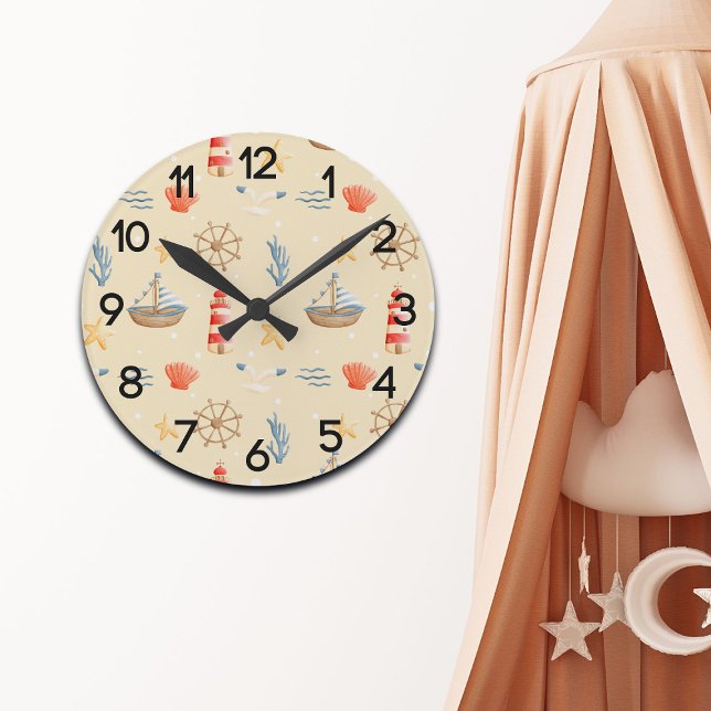 Boho Nautical Boat Lighthouse Pattern Nursery Round Clock (Creator Uploaded)
