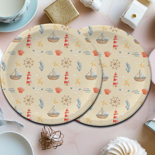 Boho Nautical Boat Lighthouse Pattern Paper Plate
