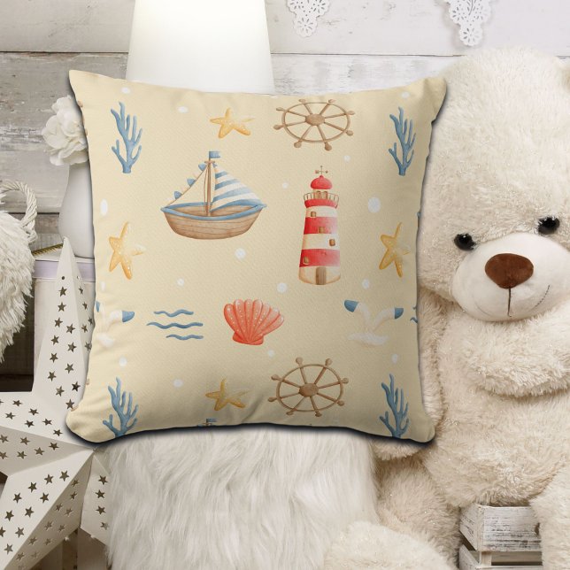 Boho Nautical Boat Lighthouse Pattern Throw Pillow (Creator Uploaded)