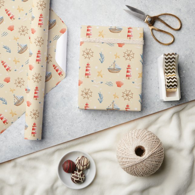 Boho Nautical Boat Lighthouse Pattern Wrapping Paper (Crafts)