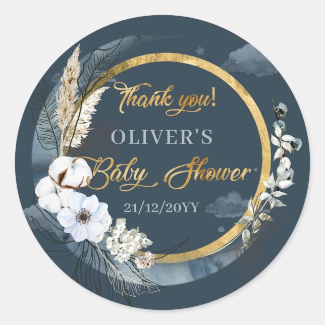 Boho navy and gold moon pampas white flowers classic round sticker (Front)