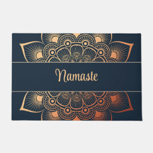 Boho Navy Blue and Peach Mandala Custom Text Doormat
