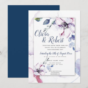 Boho Navy Blue and Watercolor Apple Blossoms Invitation