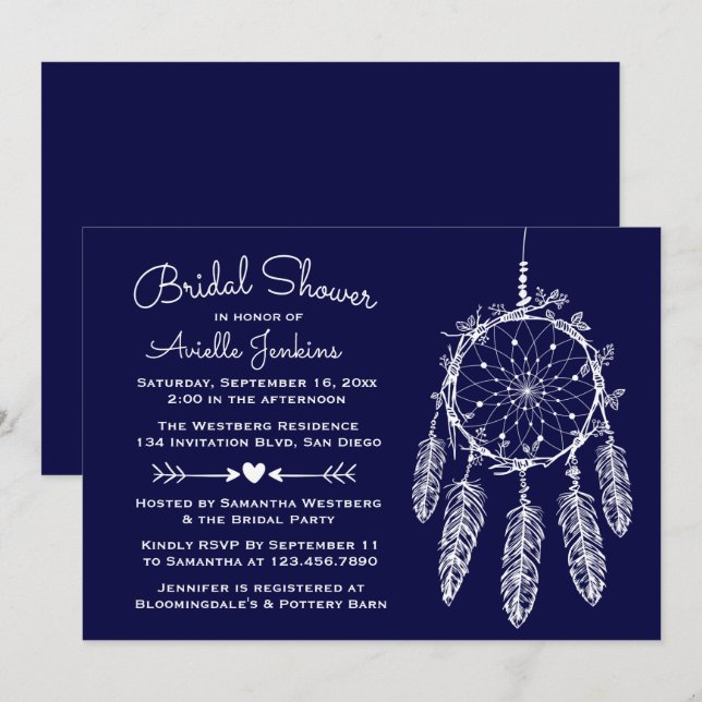 Boho Navy Blue Bridal Shower Dream Catcher Tribal Invitation (Front/Back)