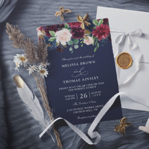 Boho Navy Blue Burgundy Budget QR Code Wedding Invitation