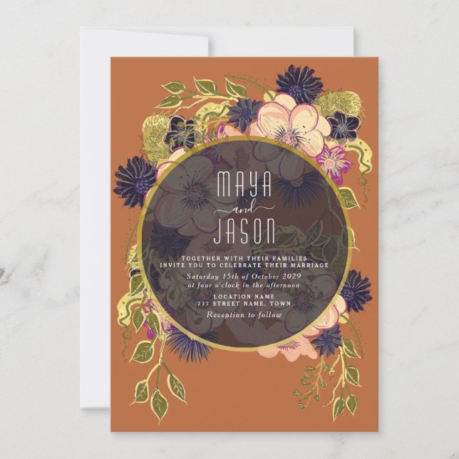 Boho Navy Blue et Terracotta Faire-part de mariage (Devant)