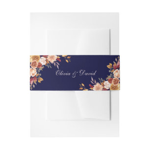 Boho Navy Blue Modern Burnt Orange Floral Wedding Invitation Belly Band