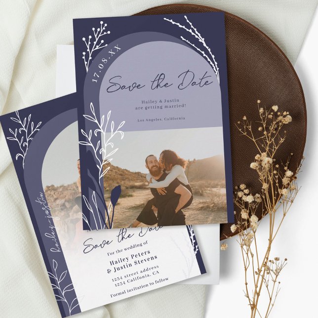 Boho navy blue photo names script arch wedding  save the date (Creator Uploaded)