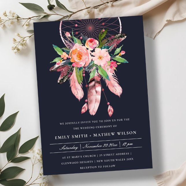 BOHO NAVY BLUSH ANTLER DREAM CATCHER FLORA WEDDING INVITATION (Creator Uploaded)