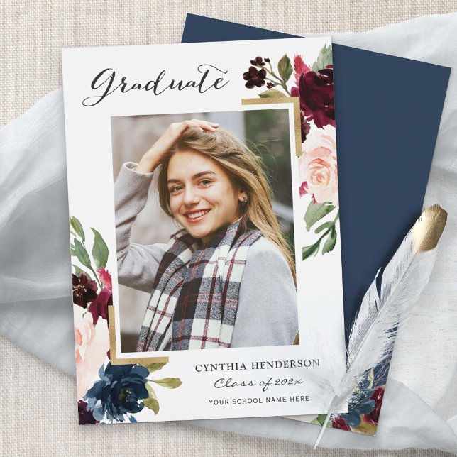 Boho Navy Blush Floral Botanical Senior Graduation Announcement (Creator Uploaded)