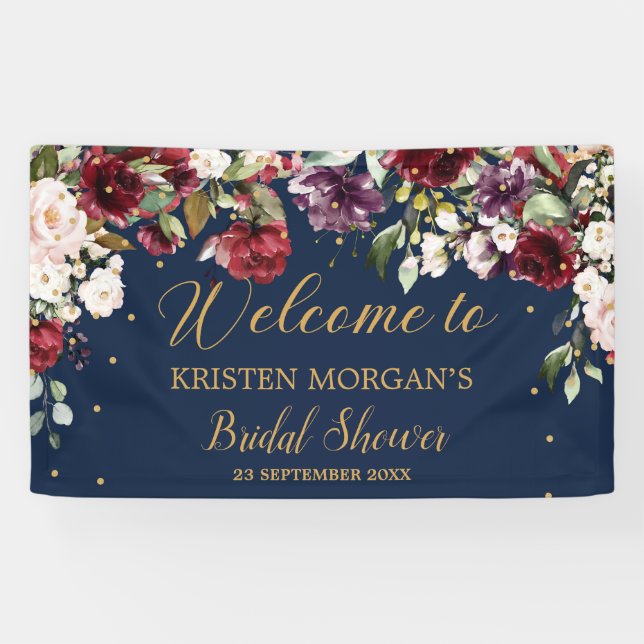 Boho navy blush pink burgundy floral Brdial Shower Banner (Horizontal)