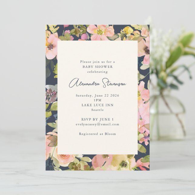 Boho Navy Blush Watercolor Floral Baby Shower Invitation (Standing Front)