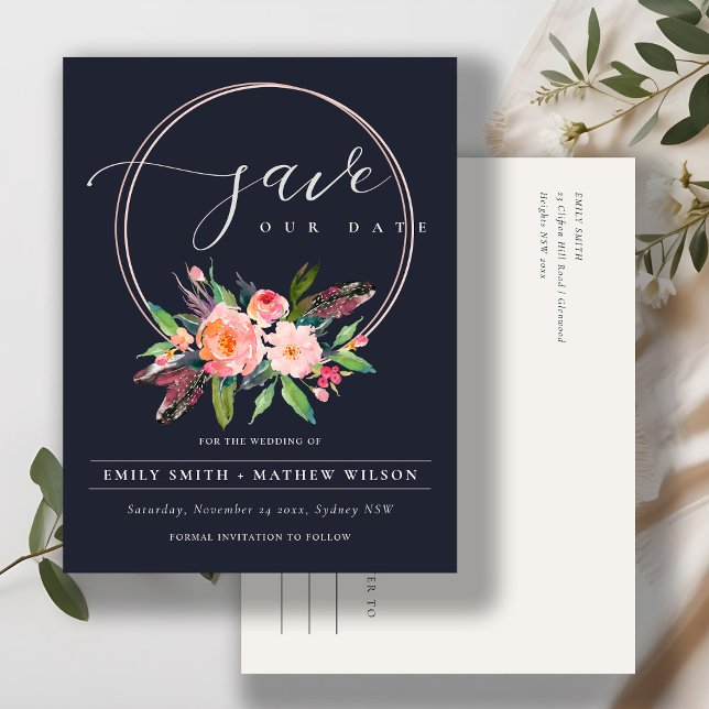 BOHO NAVY BLUSH WREATH FLORA COUNTRY SAVE THE DATE ANNOUNCEMENT POSTCARD (Creator Uploaded)