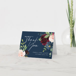 Boho Navy Bourgogne Floral Mariage Carte de remerc