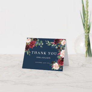 Boho Navy Burgundy Blush Mariage Carte de remercie
