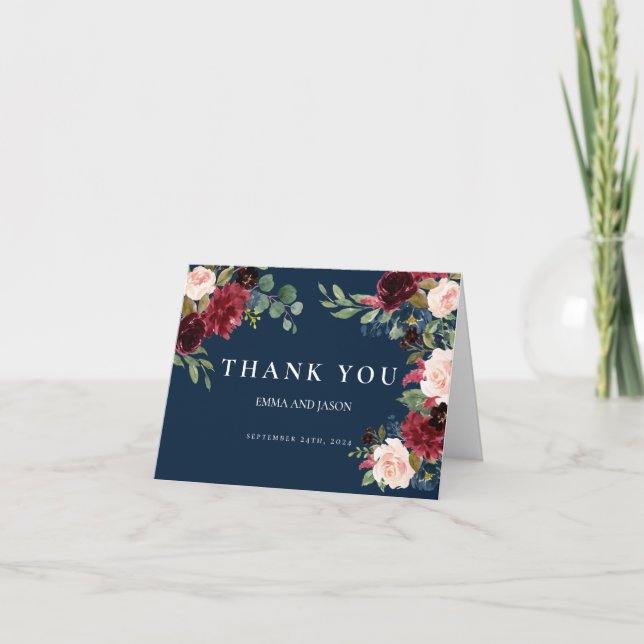 Boho Navy Burgundy Blush Mariage Carte de remercie (Devant)