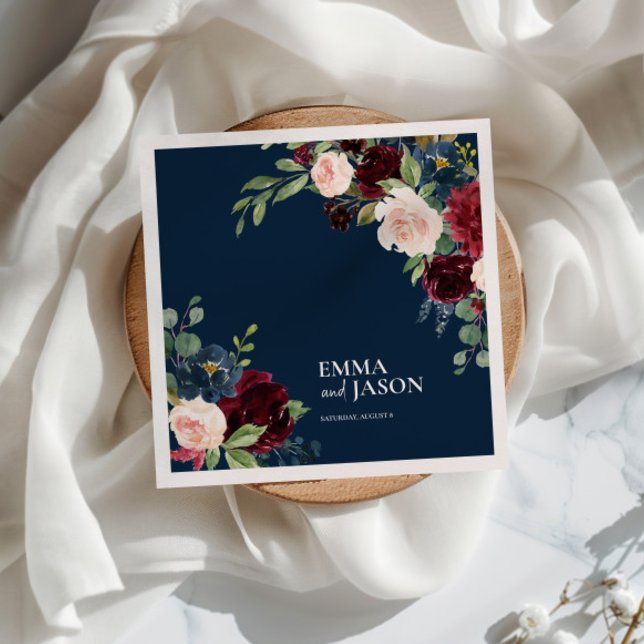 Boho Navy Floral Burgundy Blush Wedding Napkins (Creator Uploaded)
