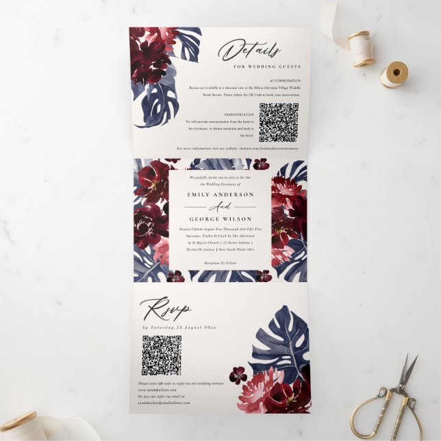 Boho Navy Maroon Monstera Floral 2 QR Code Wedding Tri-Fold Invitation (Inside)