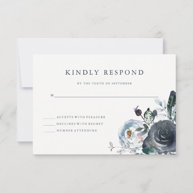 Boho Navy Peony Floral Wedding RSVP (Front)