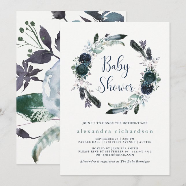 Boho Navy Peony Floral Wreath Baby Shower Invitation (Front/Back)