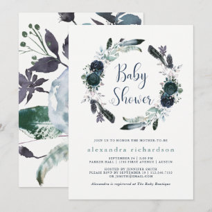 Boho Navy Peony Floral Wreath Baby Shower Invitation