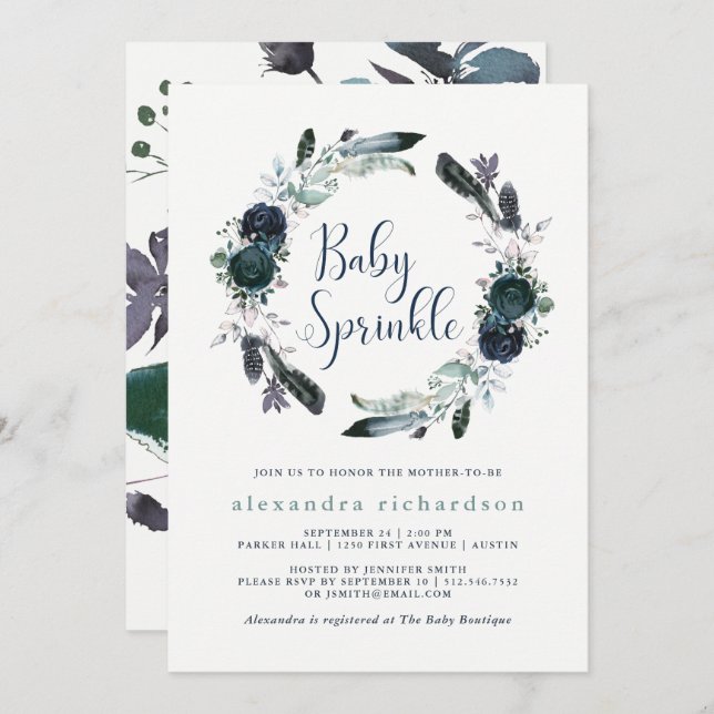 Boho Navy Peony Floral Wreath Baby Sprinkle Invitation (Front/Back)