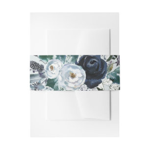 Boho Navy Peony Floral Wreath on Grey   Wedding Invitation Belly Band