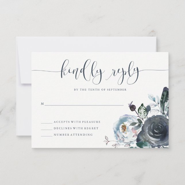 Boho Navy Peony RSVP | Modern Calligraphy Card (Front)