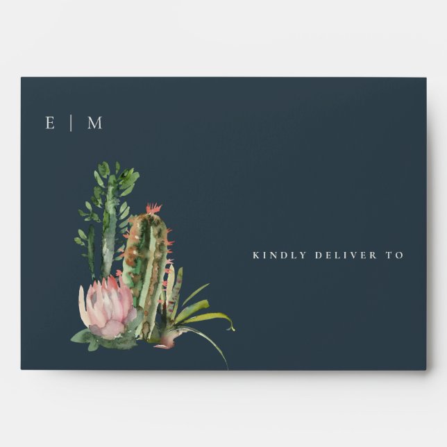 BOHO NAVY PINK FLORAL DESERT CACTI FOLIAGE ADDRESS ENVELOPE (Front)