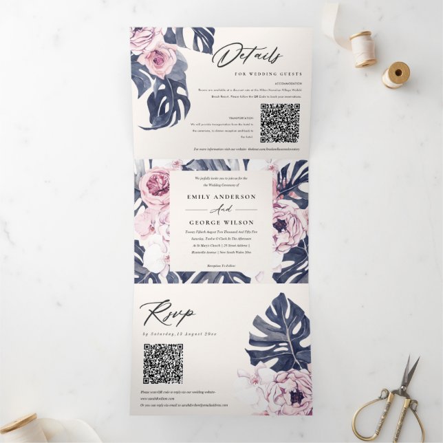 Boho Navy Pink Monstera Floral 2 QR Code Wedding Tri-Fold Invitation (Inside)