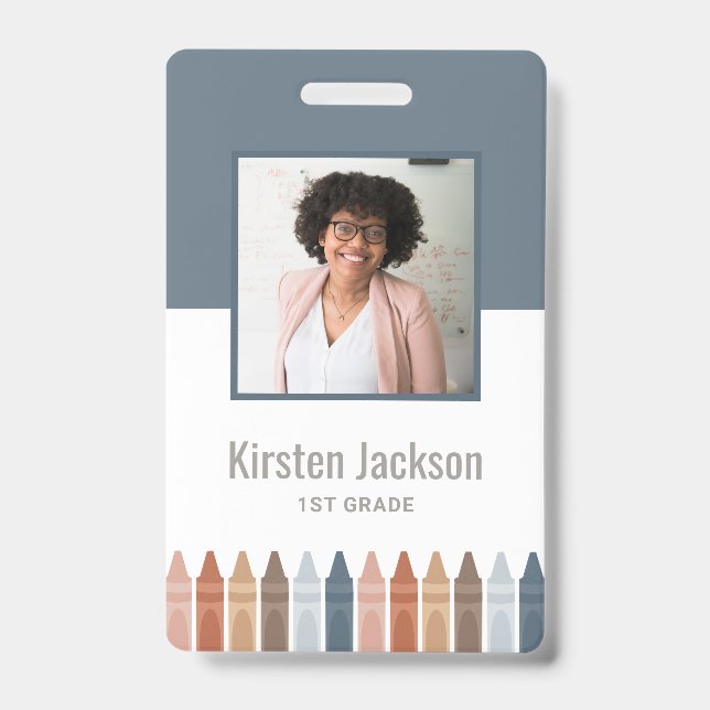 Boho Navy Teacher Name Tag Photo ID Badge (Front)