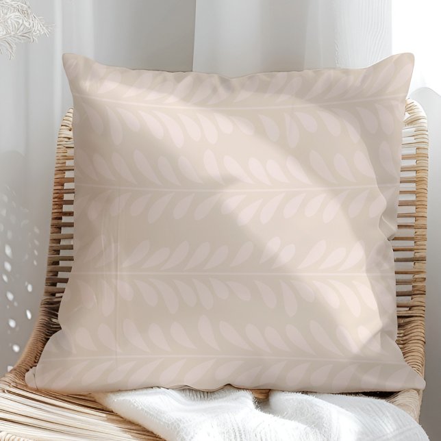 Boho Neutral Abstract Leaves Throw Pillow (Boho Neutral Abstract Leaves Throw Pillow in a sunny rattan armchair)