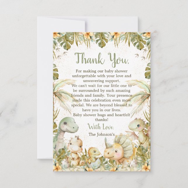 Boho Neutral Dinosaur Baby Shower Thank You Card (Front)