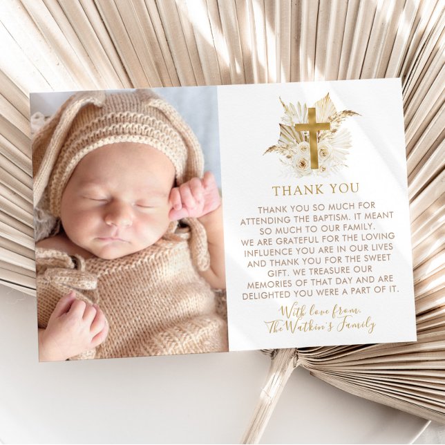Boho Neutral Floral Baptism Christening Photo Thank You Card (Boho Neutral Floral Thank You Card with Photo | No photo option available + other matching items)