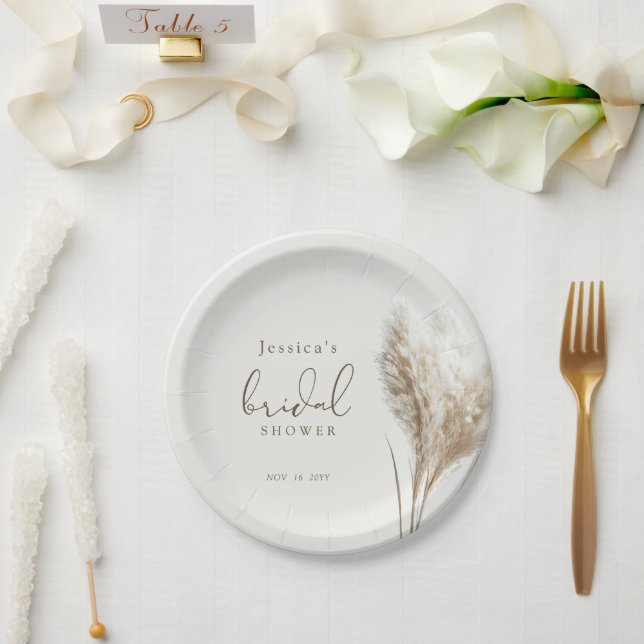 Boho Neutral Fluffy Pampas Grass Bridal Shower Paper Plate (Wedding)