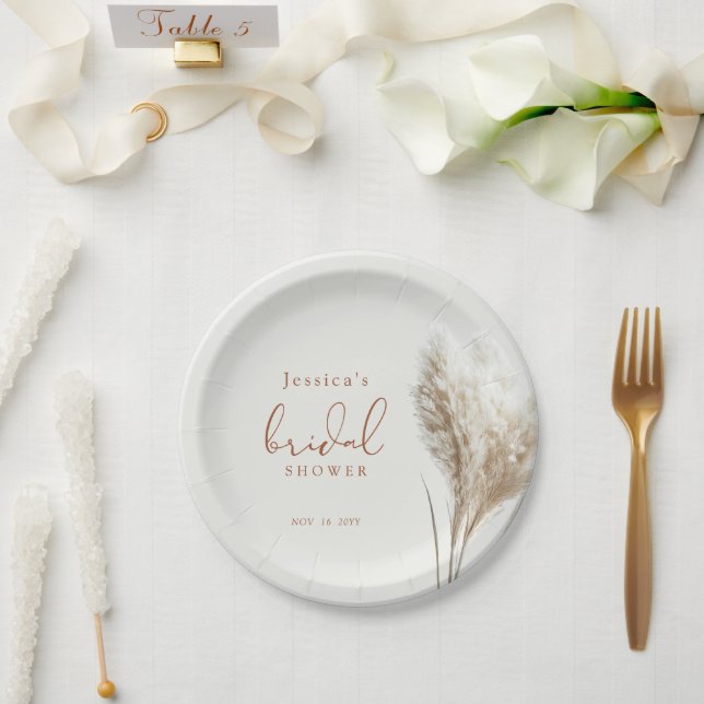 Boho Neutral Fluffy Pampas Grass Bridal Shower Paper Plate (Wedding)