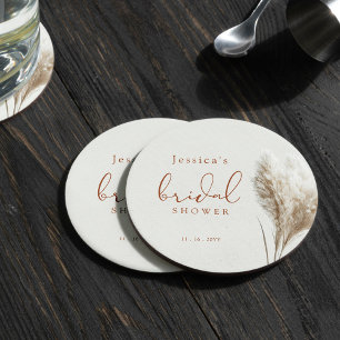 Boho Neutral Fluffy Pampas Grass Bridal Shower Round Paper Coaster