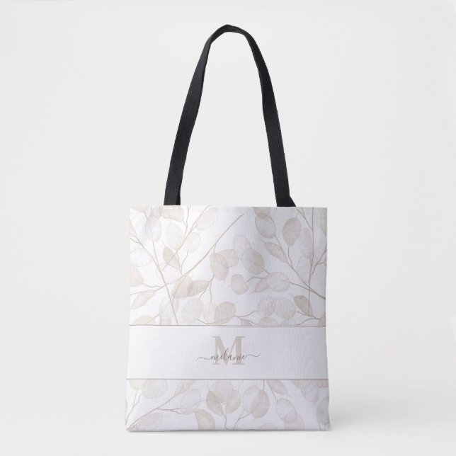 Boho Neutral Money Plant Custom Name Initial Tote Bag (Front)