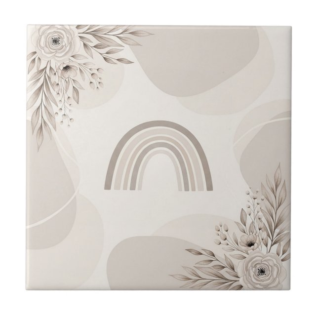 Boho Neutral Rainbow Floral Beige Taupe Tile (Front)