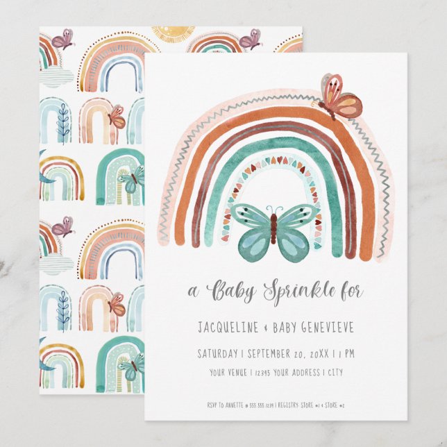 Boho Neutral Rainbow Terracotta Teal Sun Butterfly Invitation (Front/Back)