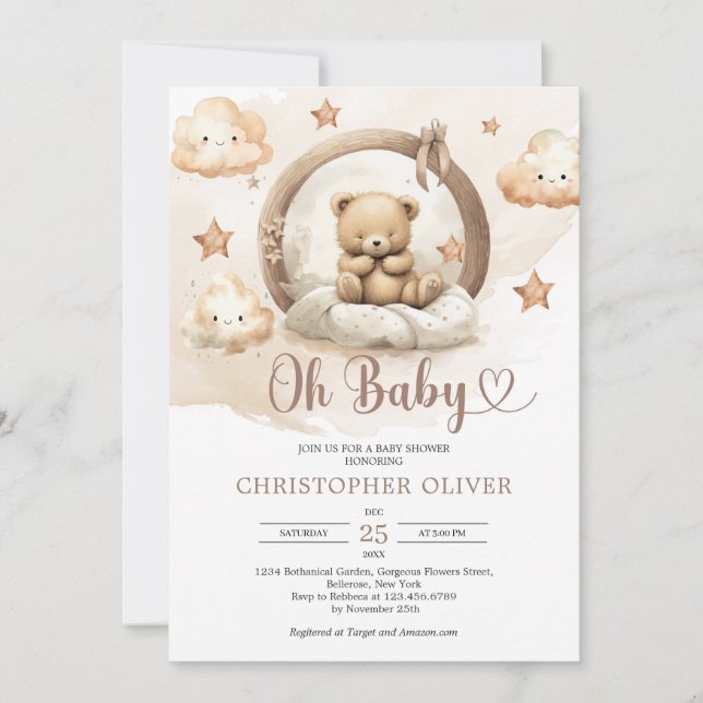 Boho neutral rusty brown sleeping teddy bear  invitation (Front)