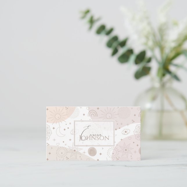 Boho Neutral Space Doodles Aesthetic Design Business Card (Standing Front)